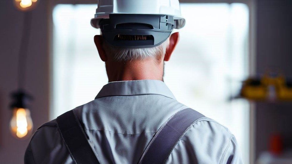 A man wearing a hard hat and overalls is standing in front of a window.