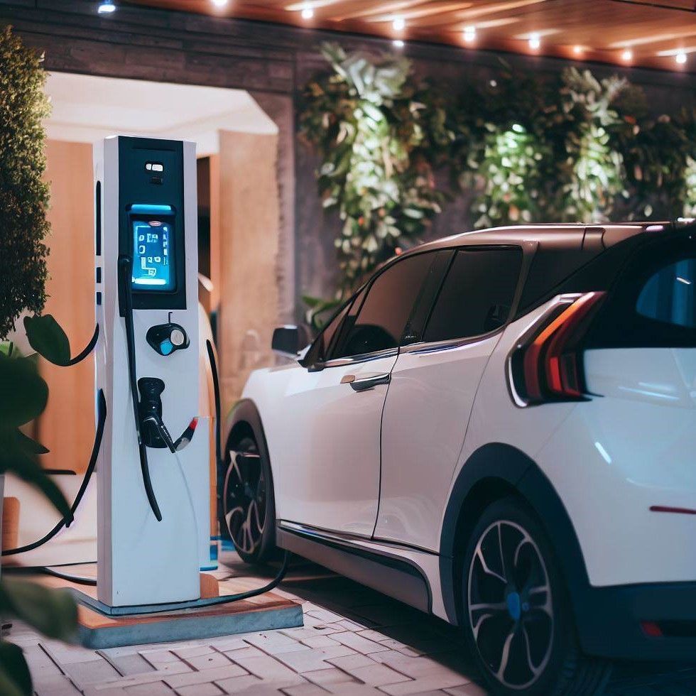 A white car is being charged at a charging station