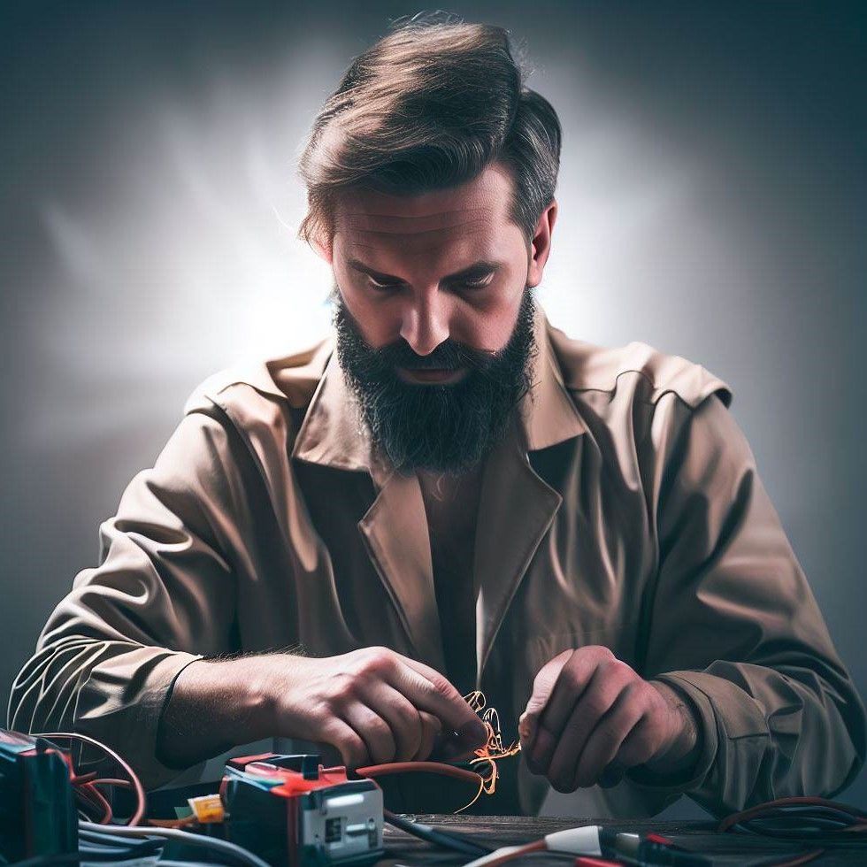 A man with a beard is working on an electronic device