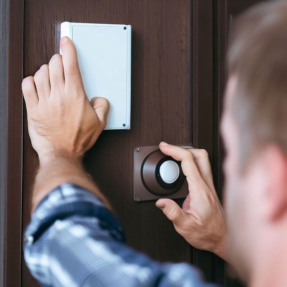 A man is pressing a button on a door.