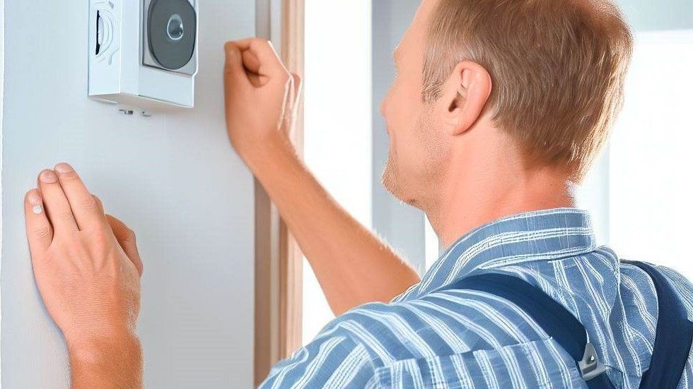 A man is installing a thermostat on a wall.