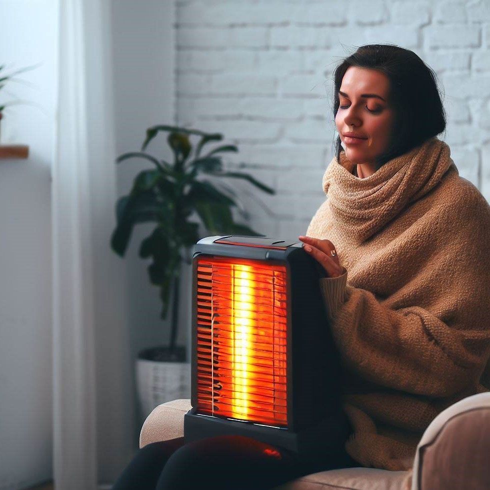 A woman is sitting on a couch holding a heater.