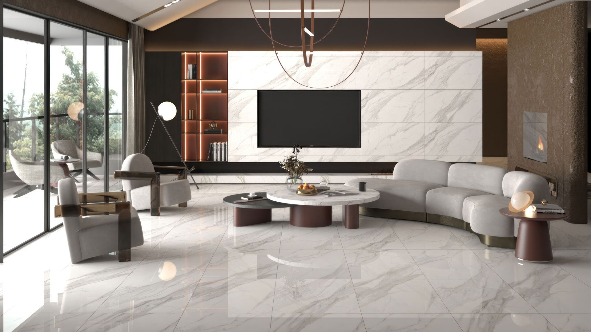 Luxurious living room with white marble floors, curved sofa, and large TV on a marble wall.