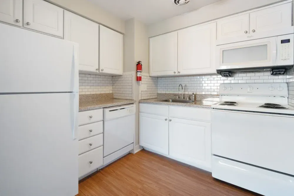 Modern kitchen with white cabinets and appliances
