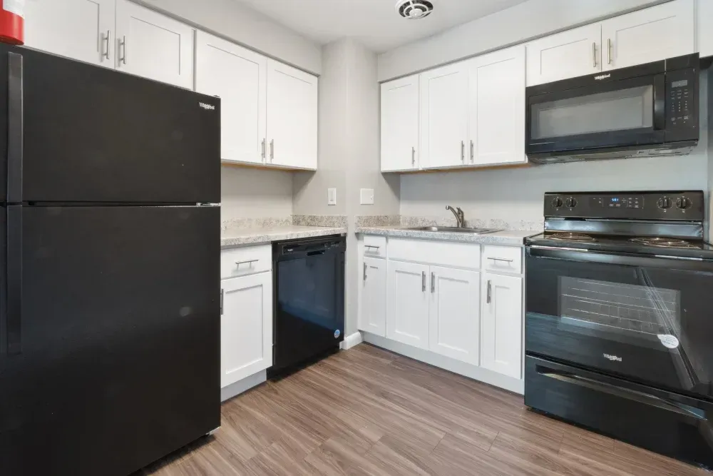 Modern kitchen with black appliances and white cabinets