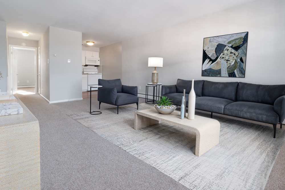 Living room with modern design featuring a sofa, coffee table, and kitchen area in the background.