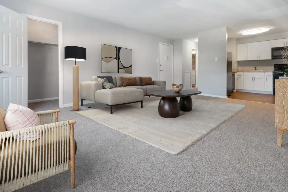 Modern living room with light gray walls, a large sofa, and a coffee table.