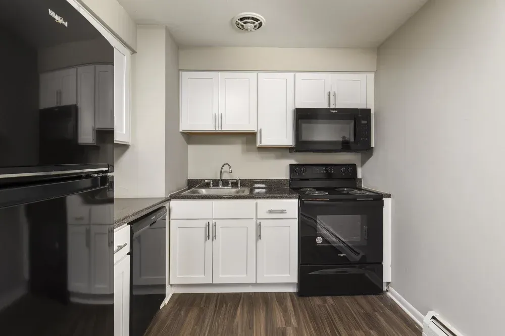 Modern kitchen with black appliances and white cabinets