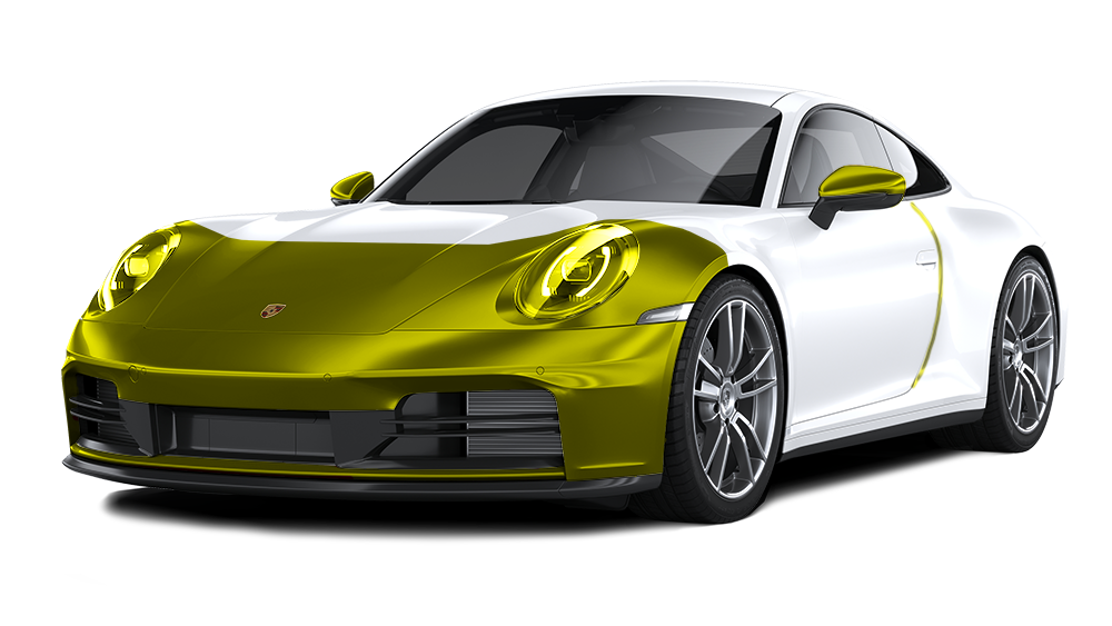 A white porsche 911 with a green paint job on a white background.