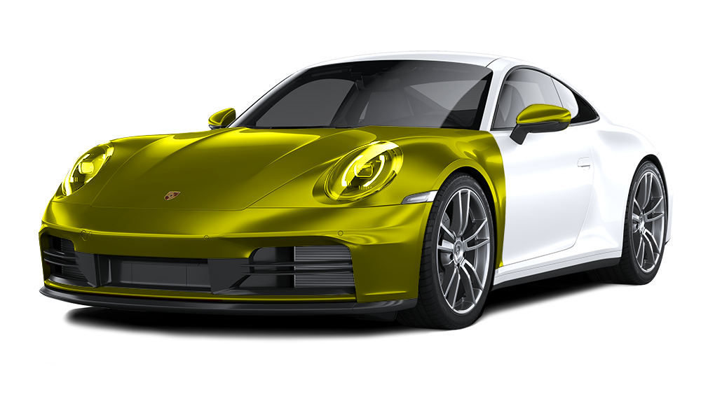 A white and green porsche 911 with a hood protector on a white background.