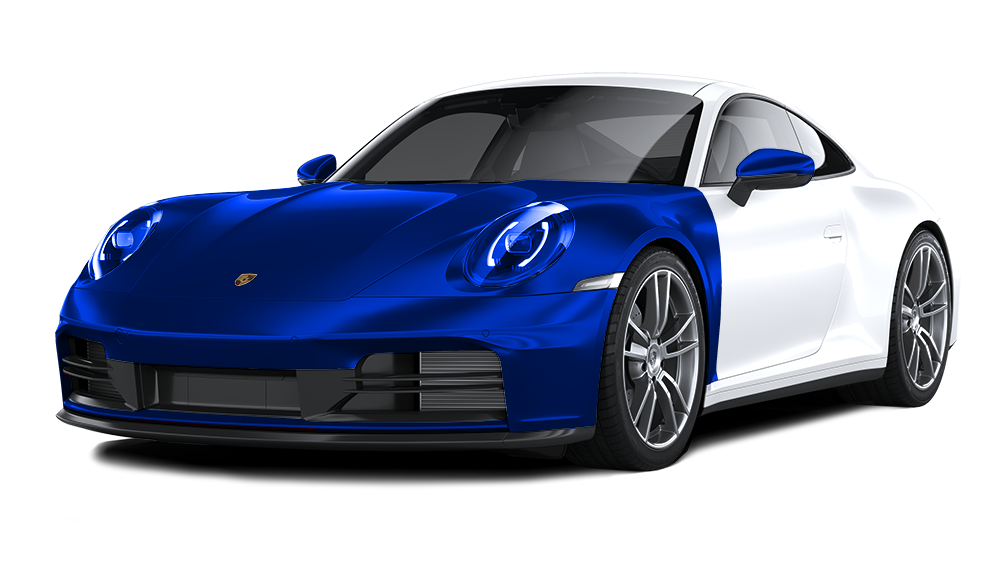 A white and green porsche 911 with a hood protector on a white background.