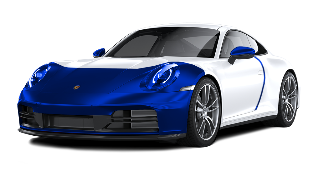 A white porsche 911 with blue ppf on a white background.