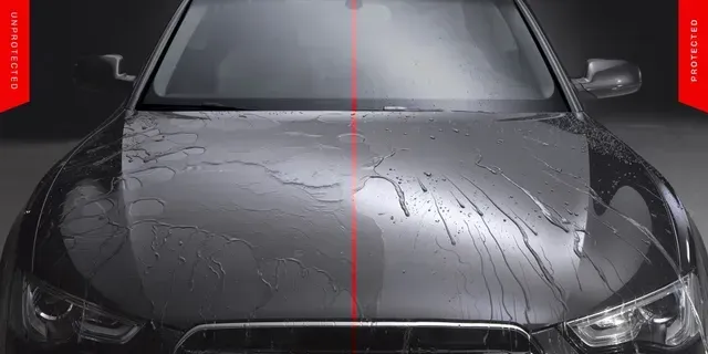 Car hood split, water beads on treated side, sheet on untreated side.
