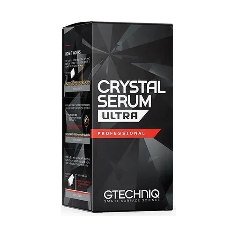 Box of Gtechniq Crystal Serum Ultra, a professional car detailing product. Black, with white and red text.