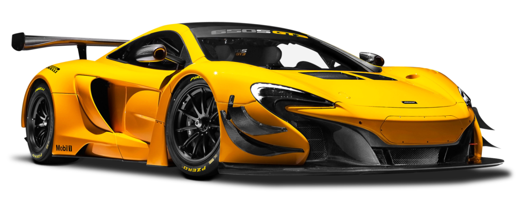 A yellow race car with a black wing on a white background.