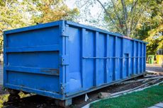 A large blue dumpster is sitting on the side of a road.