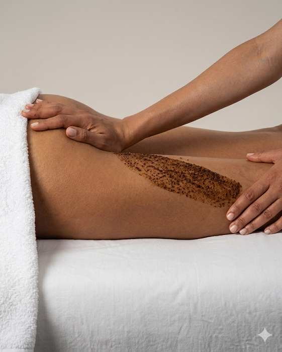 Un'estetista applica uno scrub esfoliante sulla coscia di una persona sdraiata su un lettino bianco.