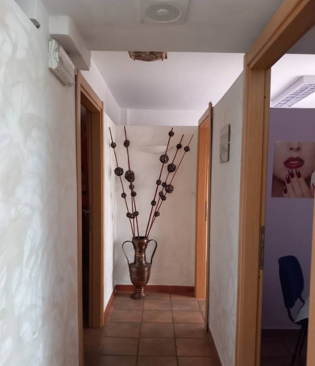 Stretto corridoio con pavimento piastrellato, pareti bianche, porte in legno e un alto vaso con rami decorativi.