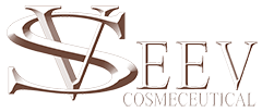 Logo di SEV Cosmeceutical con scritte e swoosh stilizzati di colore marrone su sfondo bianco.