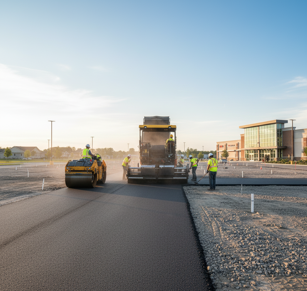 Asphalt paving of a parking lot with machinery and workers wearing safety vests.