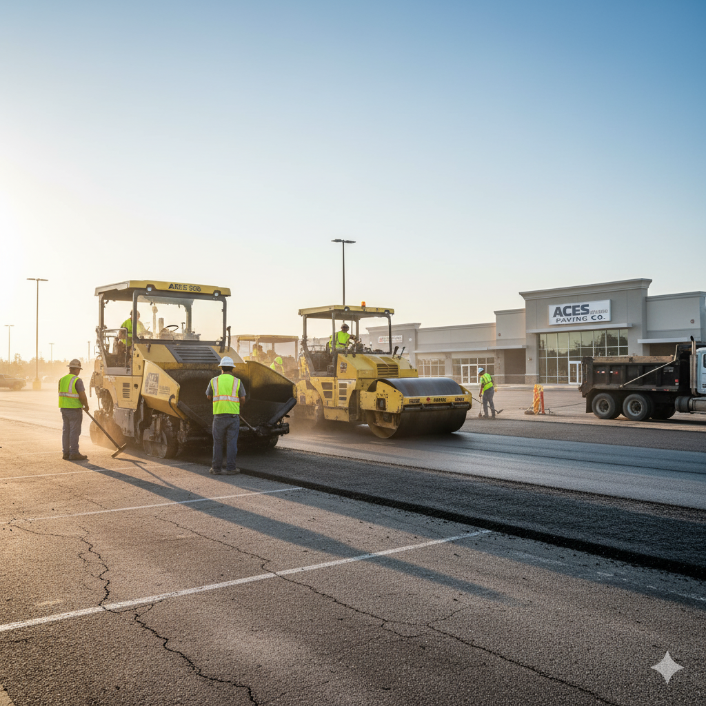 Asphalt paving with machinery and workers near a building under a sunny sky.