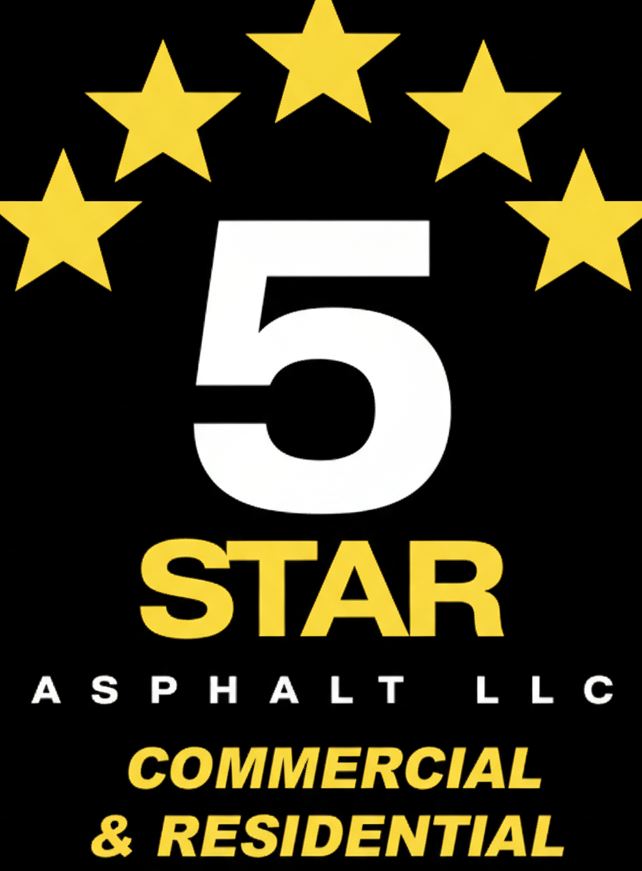 Logo for 5 Star Asphalt LLC: white "5" with gold stars above, yellow "STAR" text, black background, and "COMMERCIAL & RESIDENTIAL."
