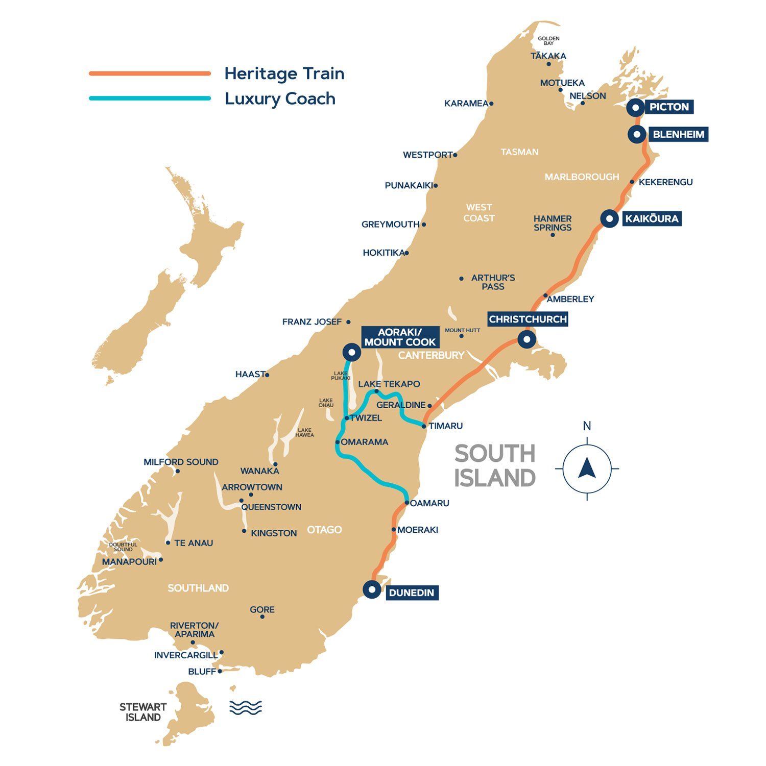 Dunedin tour map for the Sir Edmund Hillary Explorer train and coach tours