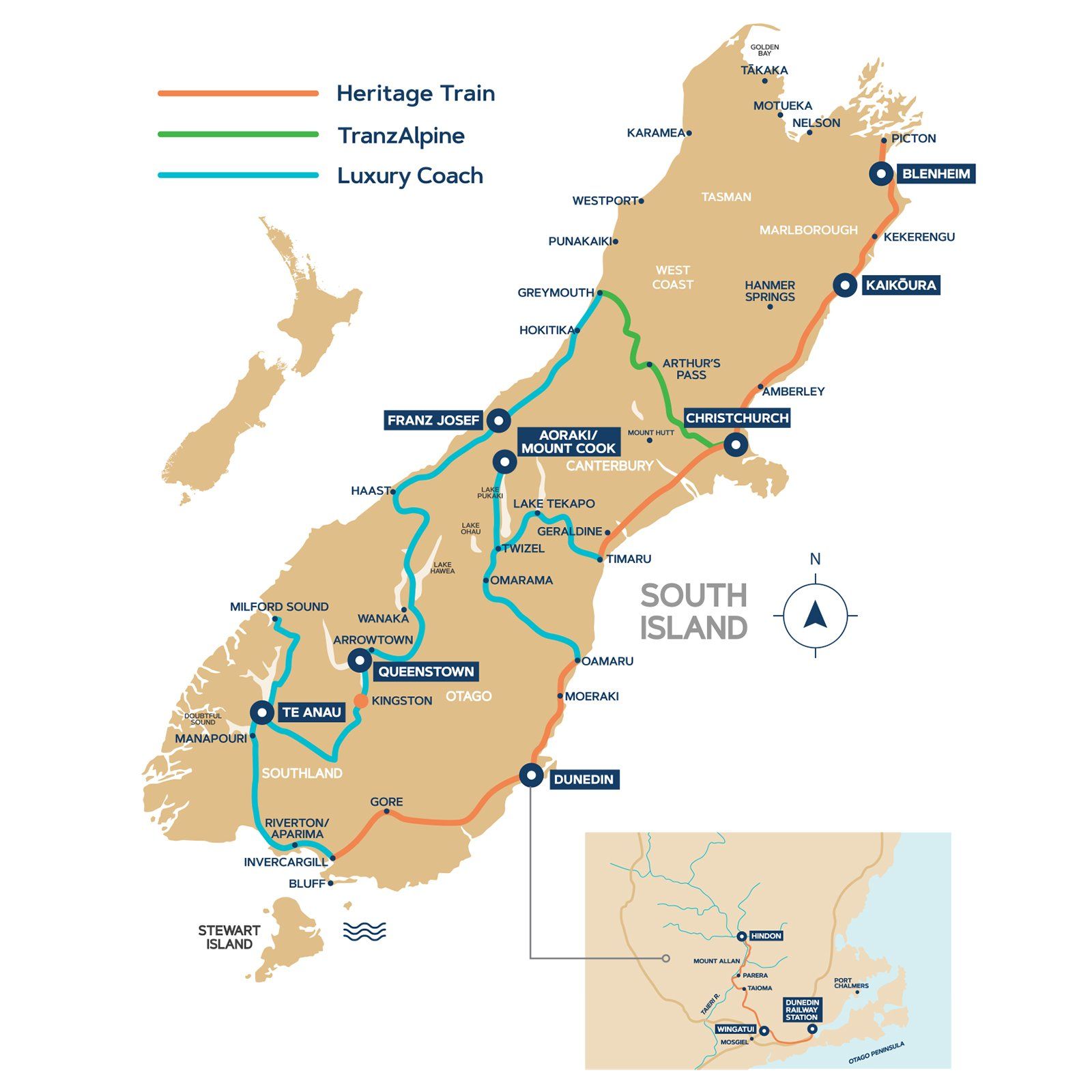 Wellington tour map for the Sir Edmund Hillary Explorer train and coach tour