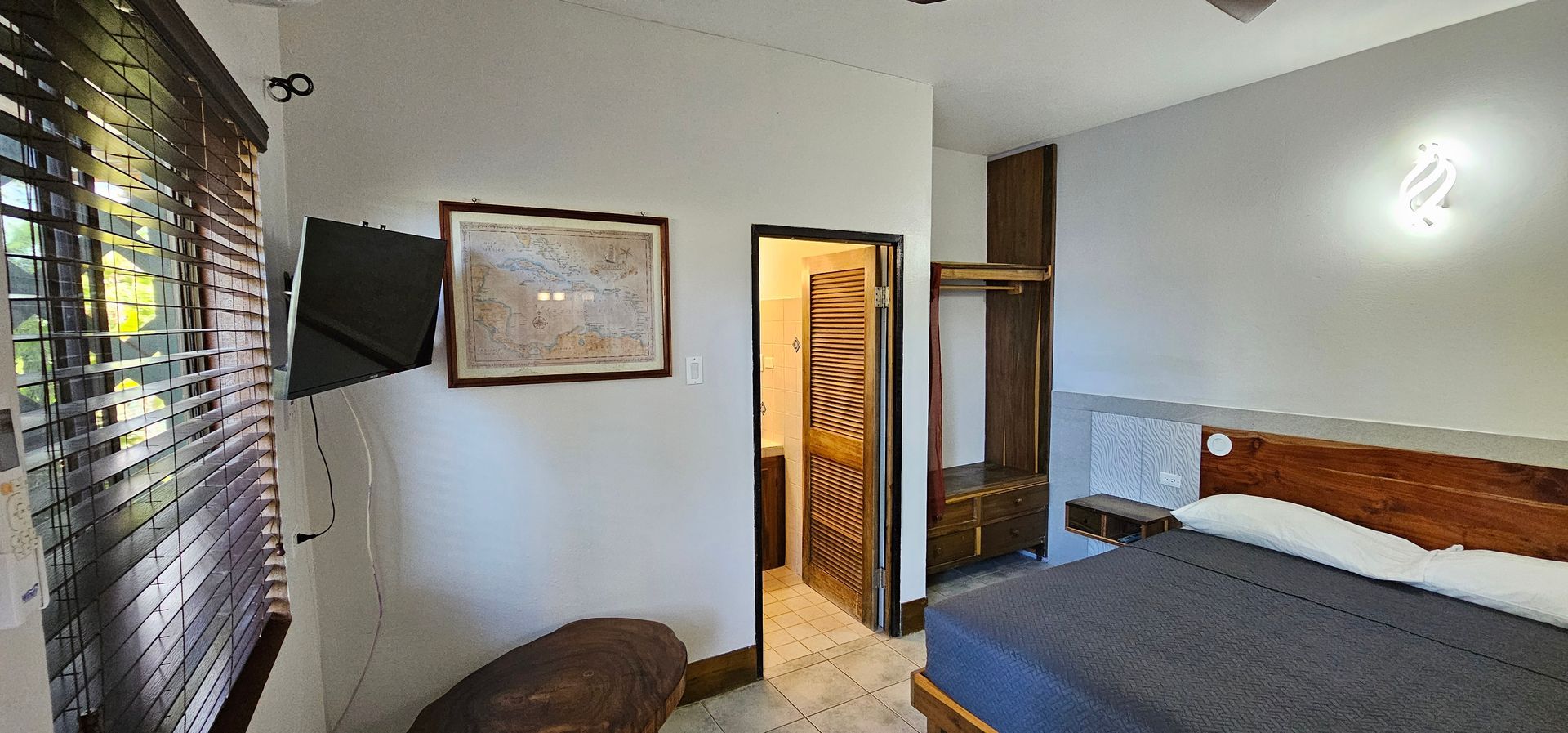 Bedroom interior with a bed, TV, and closet; a window is to the left.