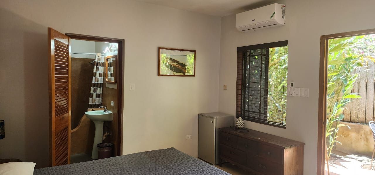 A bedroom with a bed , air conditioner , sink and window.