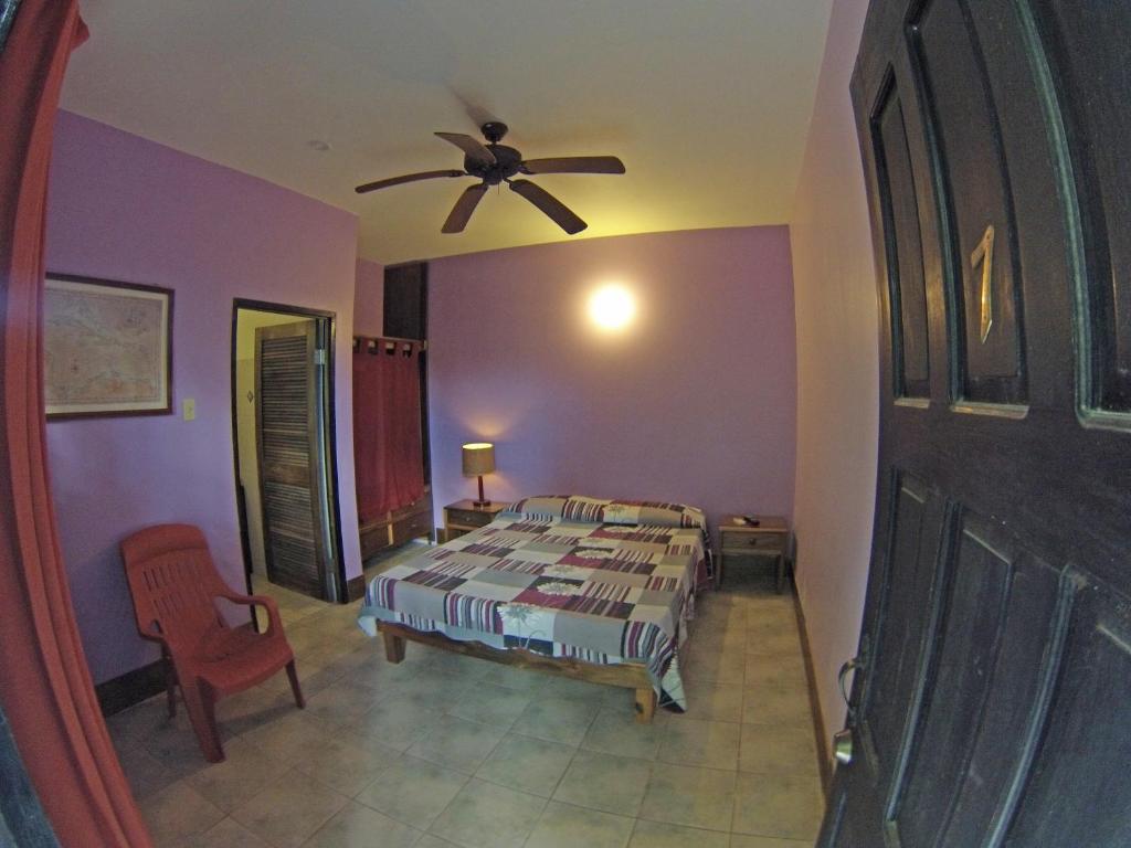 A bedroom with purple walls and a ceiling fan