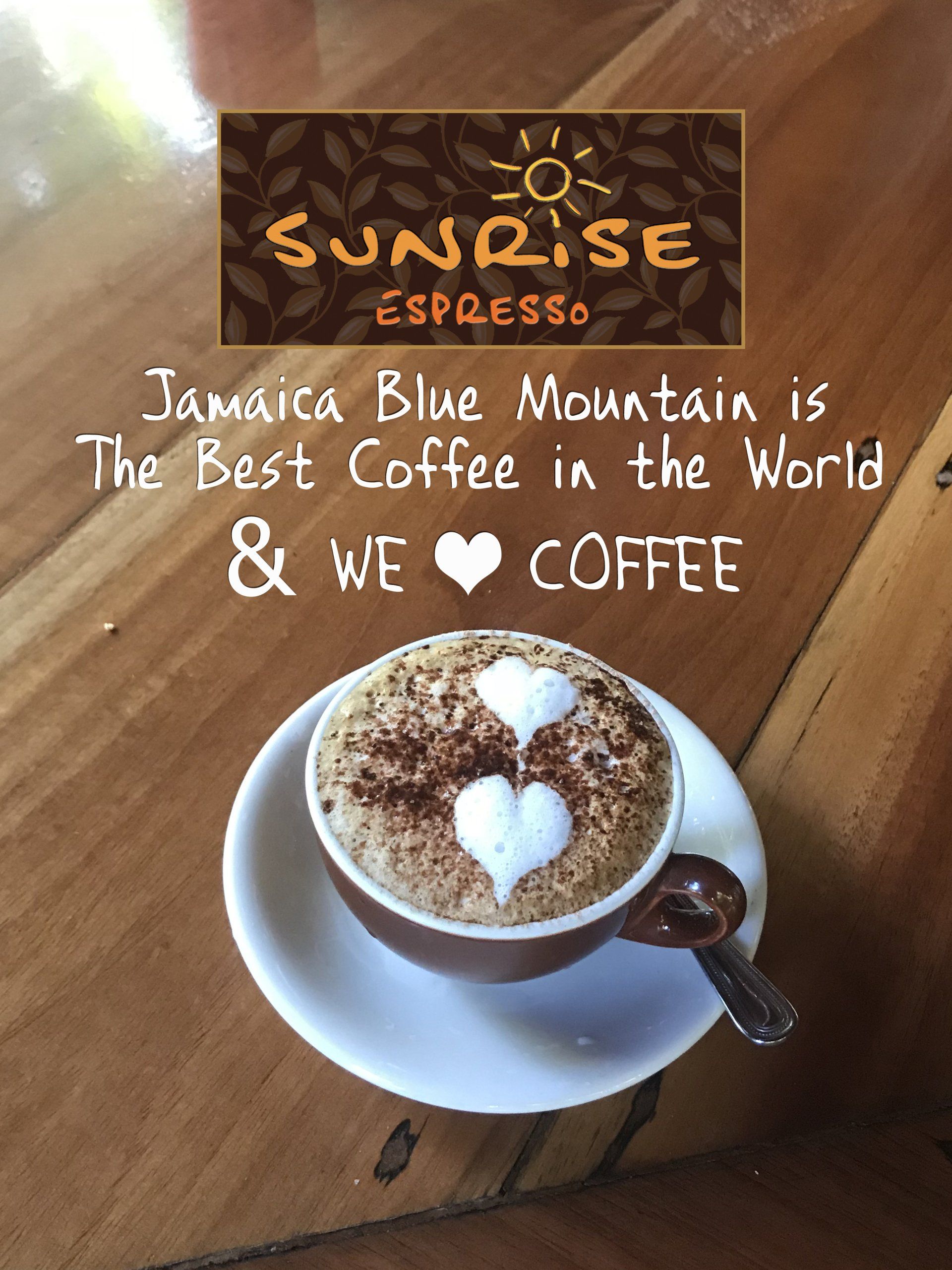 A cup of coffee on a saucer with a sign that says sunrise espresso