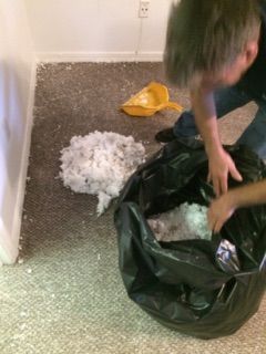 Person emptying a black trash bag with white stuffing onto a carpeted floor near a wall.