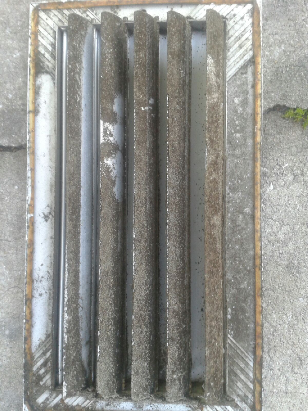 Metal floor drain grate with several vertical bars, seen from above.