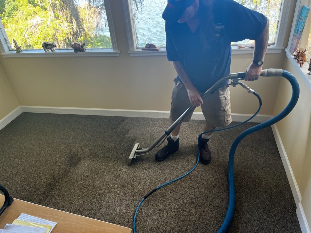Person vacuuming a carpeted room with a steam-cleaning hose near a window