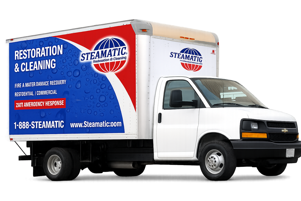 White SteaMatic restoration and cleaning box truck with blue and red branding on a white background
