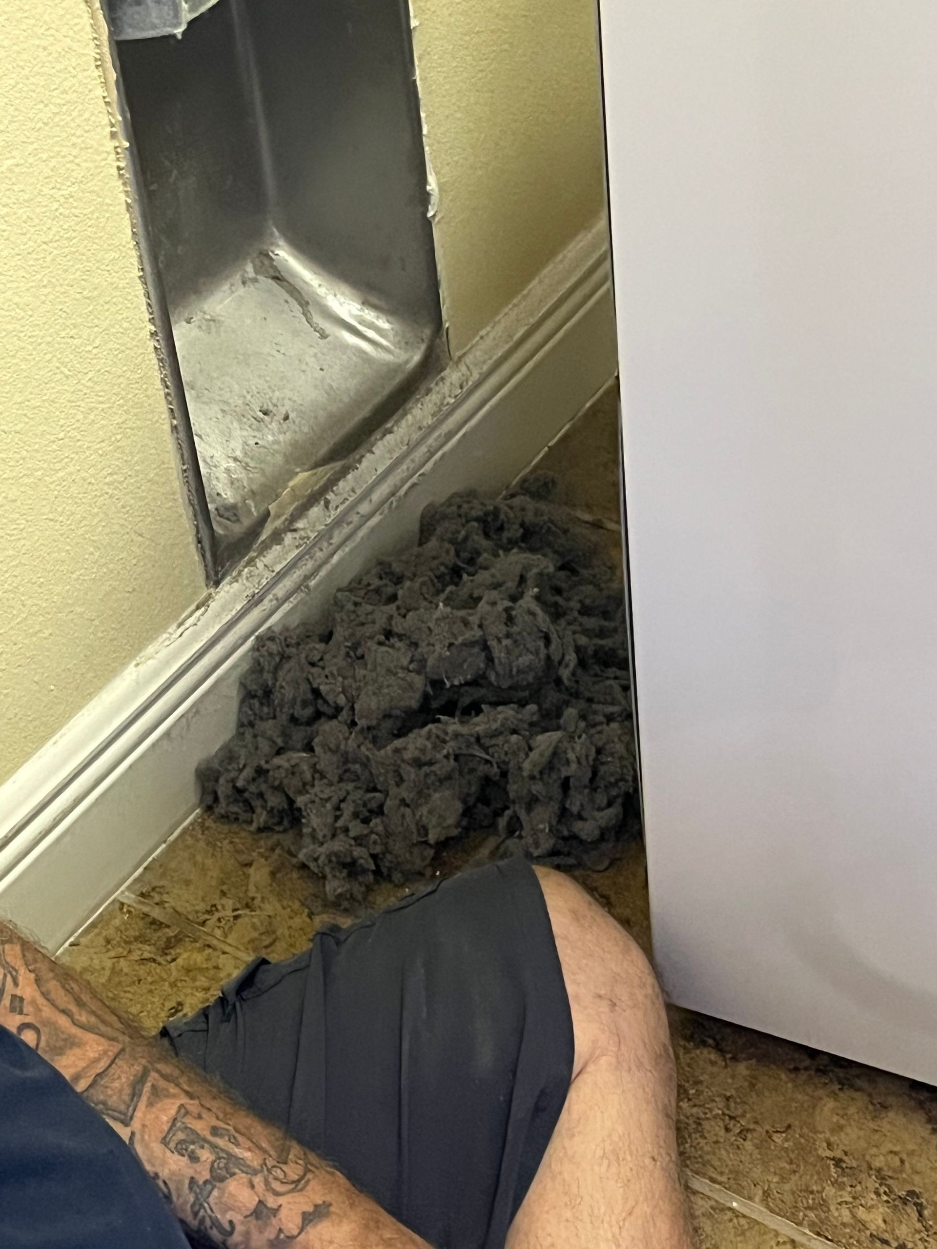 Large gray clump of lint near an HVAC vent and a person’s leg on a carpeted floor