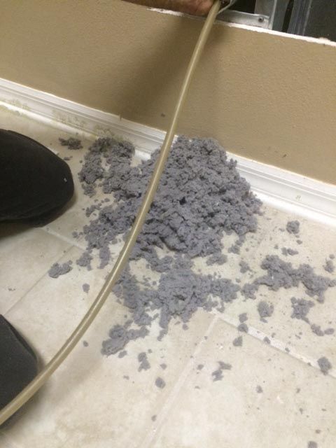 Gray pet hair clump on a tiled floor beside a baseboard and a black shoe, with a cord across the floor