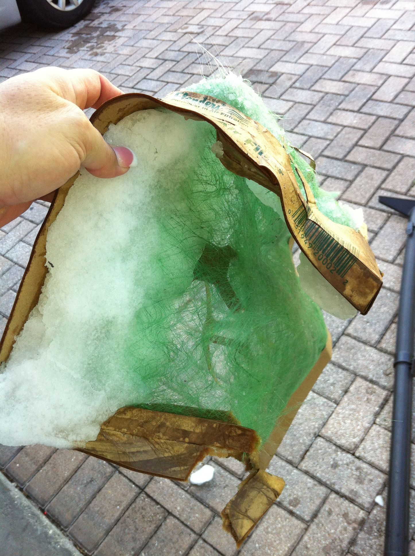 Hand holding a torn, translucent green-and-white foam sheet over a brick sidewalk