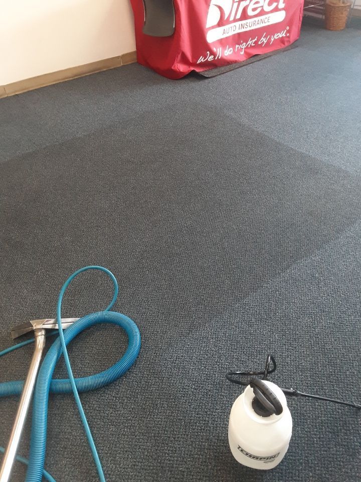 Blue hose and white pressure washer on gray carpet, with a red bag in the background