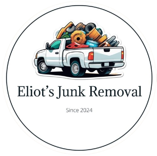 White pickup truck overflowing with junk; text reads "Eliot's Junk Removal" and "Since 2024".