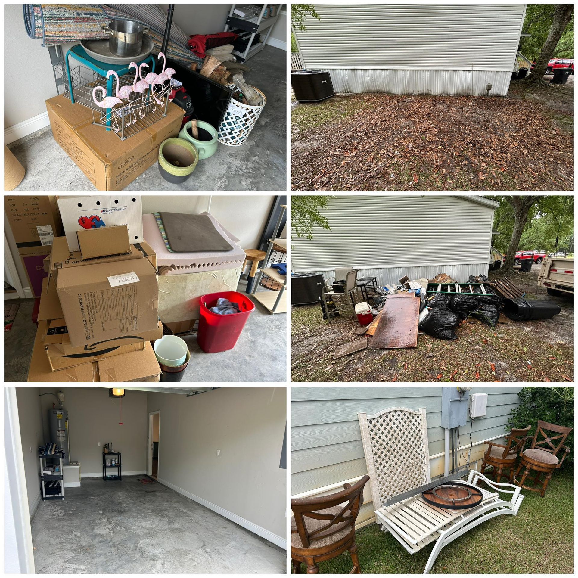 Six images show the before and after of a garage and yard cleanup.