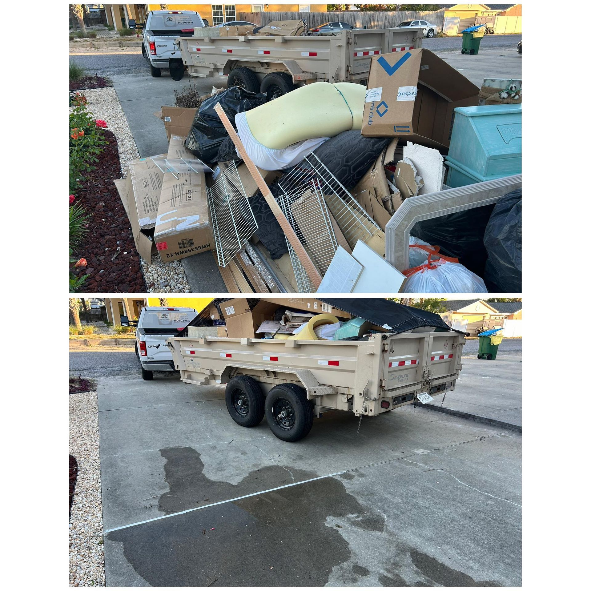 A white truck towing a trailer overflowing with debris, parked on a concrete surface.