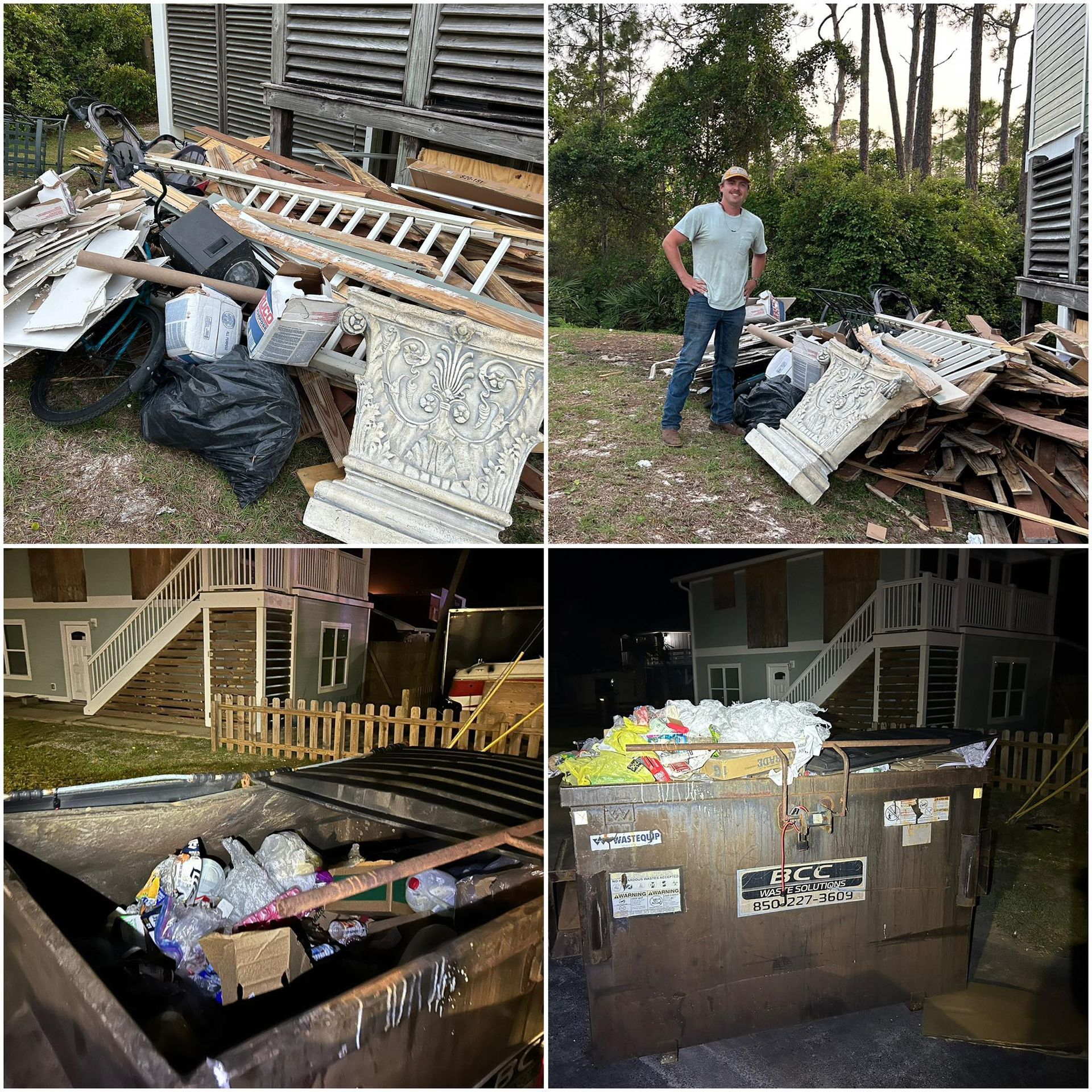 Four-panel collage: debris pile, man standing by debris, filled dumpster, another filled dumpster. Outdoors.