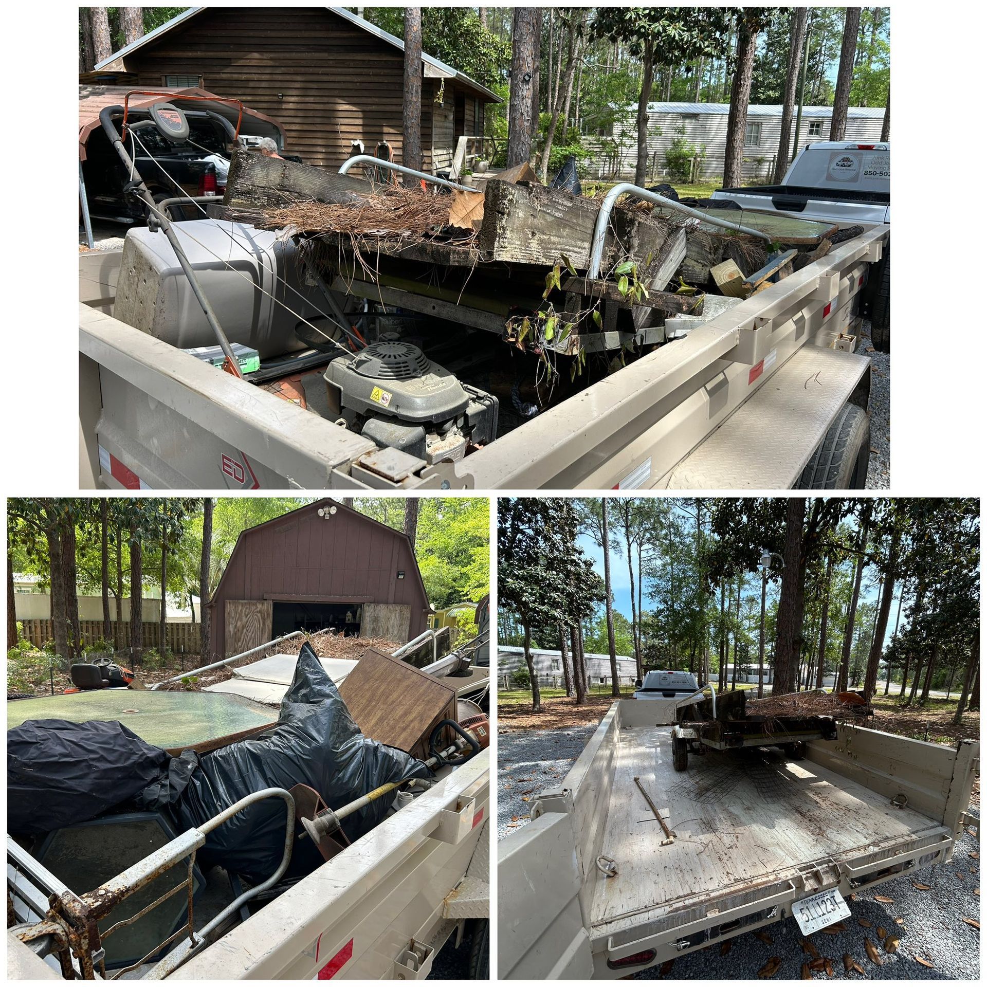 Three views of a trailer loaded with debris including a lawnmower, in front of buildings and trees.