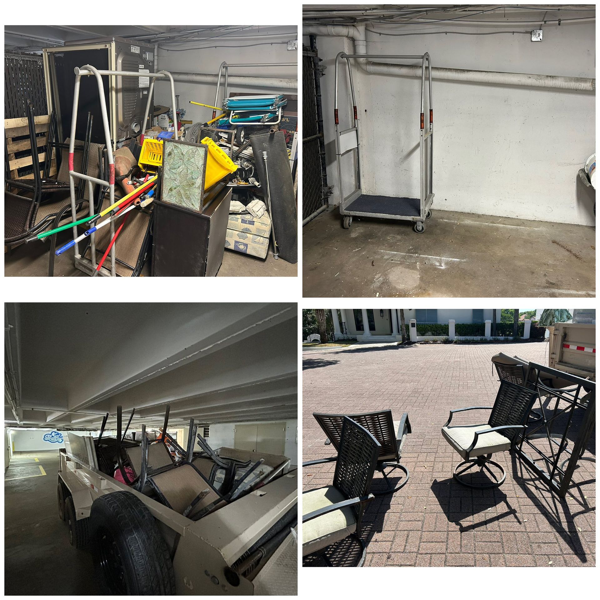 Four images: cluttered storage areas, a car in a parking structure, and outdoor chairs on a patio.