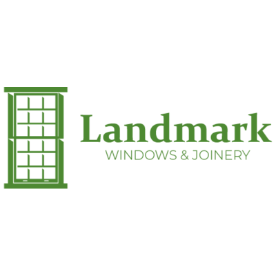 the logo for landmark windows and joinery has a green window on it .