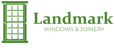 a green and white logo for landmark windows and joinery