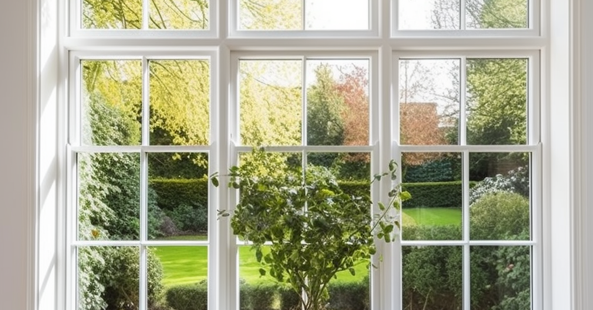 a potted plant is sitting in front of a large window with a view of a garden .