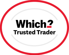 A logo that says which trusted trader in a red circle